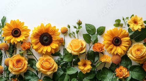 Wallpaper Mural A vibrant arrangement of sunflowers and yellow roses on a clean white background, perfect for Thanksgiving and Halloween invitations, decor, and seasonal events. Torontodigital.ca