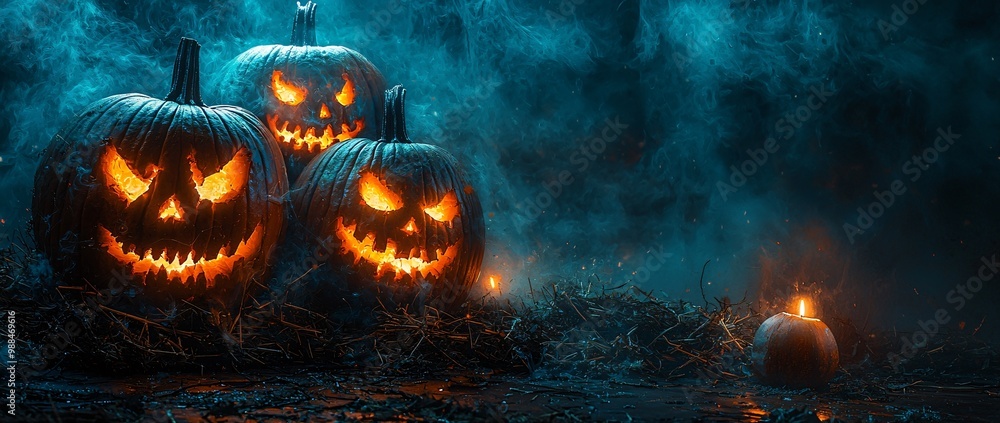 Fototapeta premium A haunting Halloween scene featuring spooky carved pumpkins glowing in soft moonlight, perfect for Halloween parties and Thanksgiving festivities.