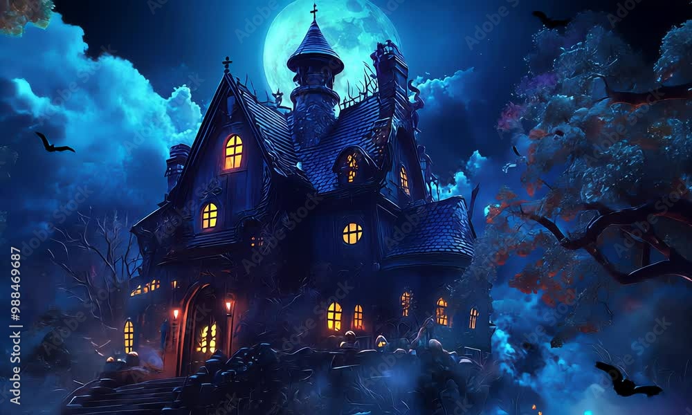 A creepy haunted house, illuminated by moonlight, surrounded by clouds and bats, embodies the mystery and awe of Halloween. It's getting closer A creepy haunted house, illuminated by moonlight, surrounded by clouds and bats, embodies the mystery and awe of Halloween. It's getting closer