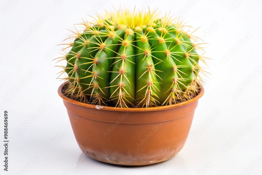 A single, striking cactus adorned with bright green and yellow stripes and formidable spines occupies a rustic A single, striking cactus adorned with bright green and yellow stripes and formidable spines occupies a rustic