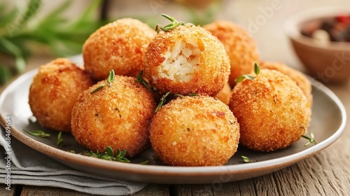  A plate of fried cheddar cheese balls, a close-up shot with natural lighting 