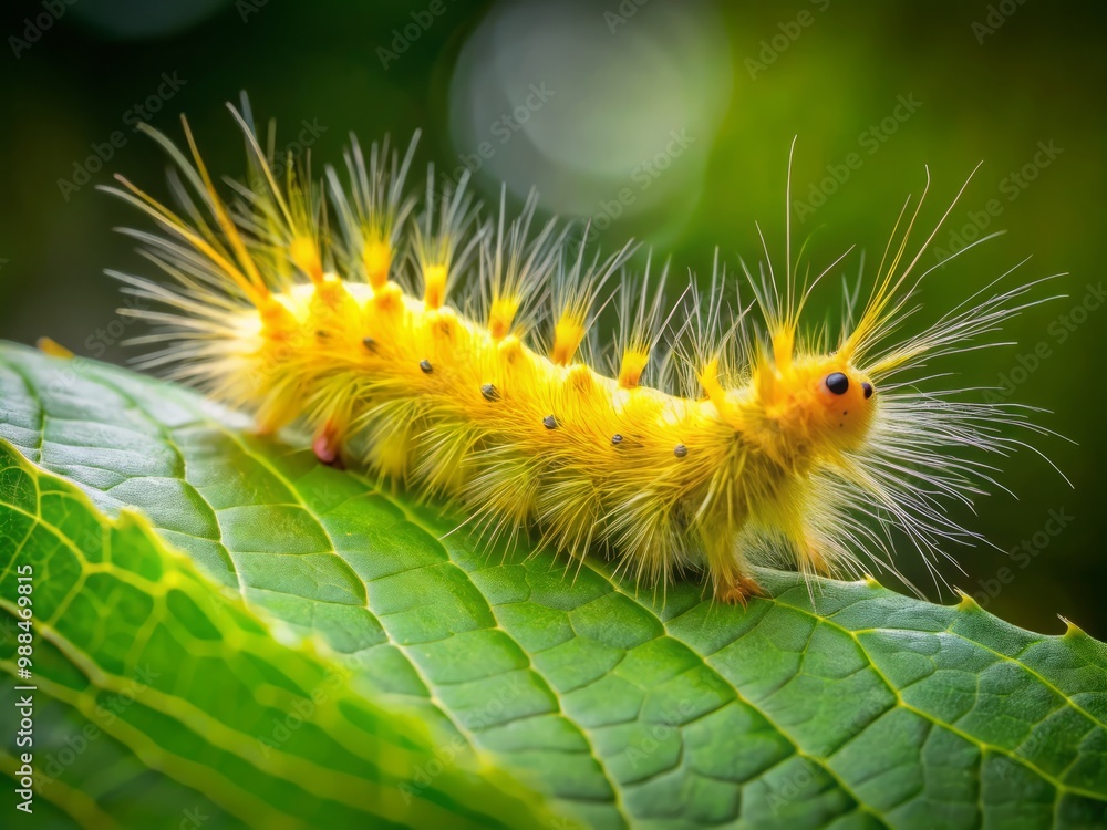As it crawls, the caterpillar leaves behind a trail of tiny yellow eggs, carefully placed on the leaf's