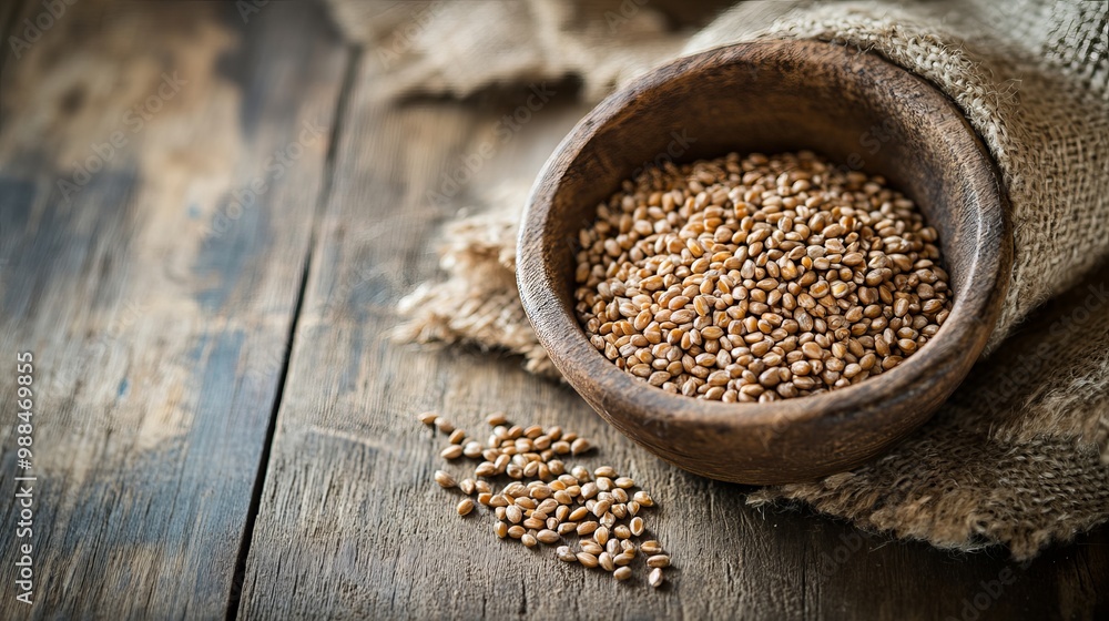 Spelt seeds scattered on a rustic wooden background Spelt seeds scattered on a rustic wooden background