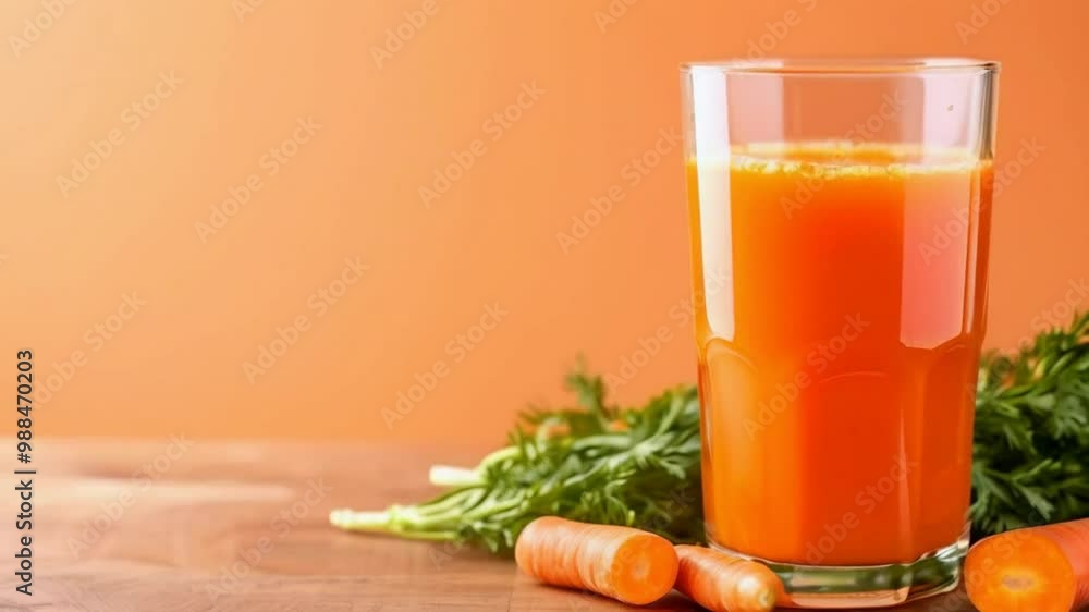A glass of fresh carrot juice with whole carrots and greens on a wooden surface. A glass of fresh carrot juice with whole carrots and greens on a wooden surface.