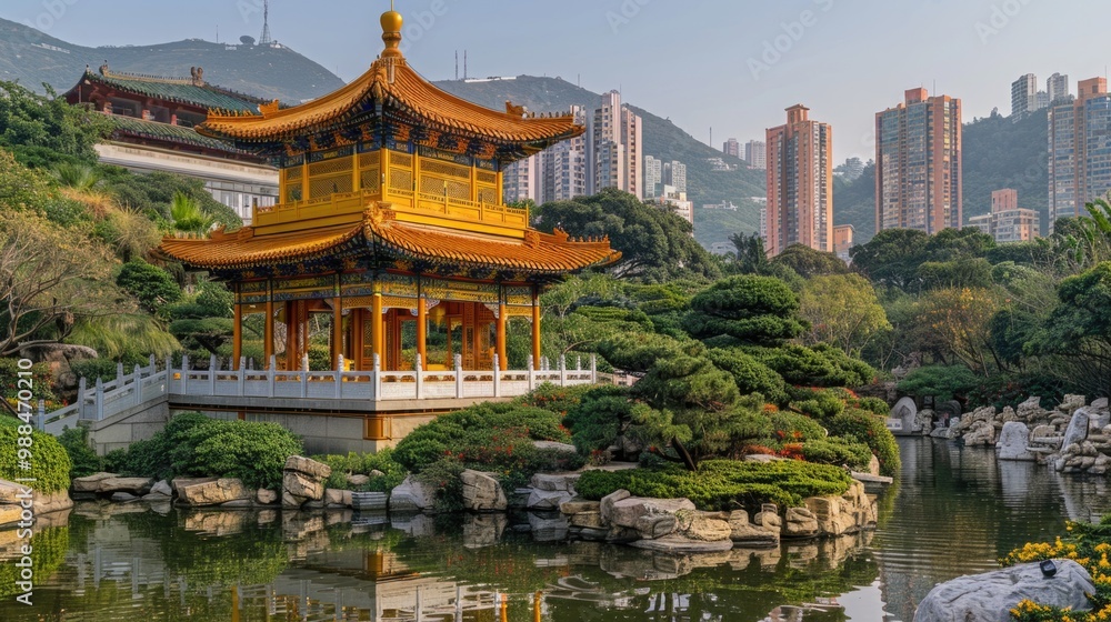 A serene scene featuring a pagoda on a pond, surrounded by lush trees A serene scene featuring a pagoda on a pond, surrounded by lush trees