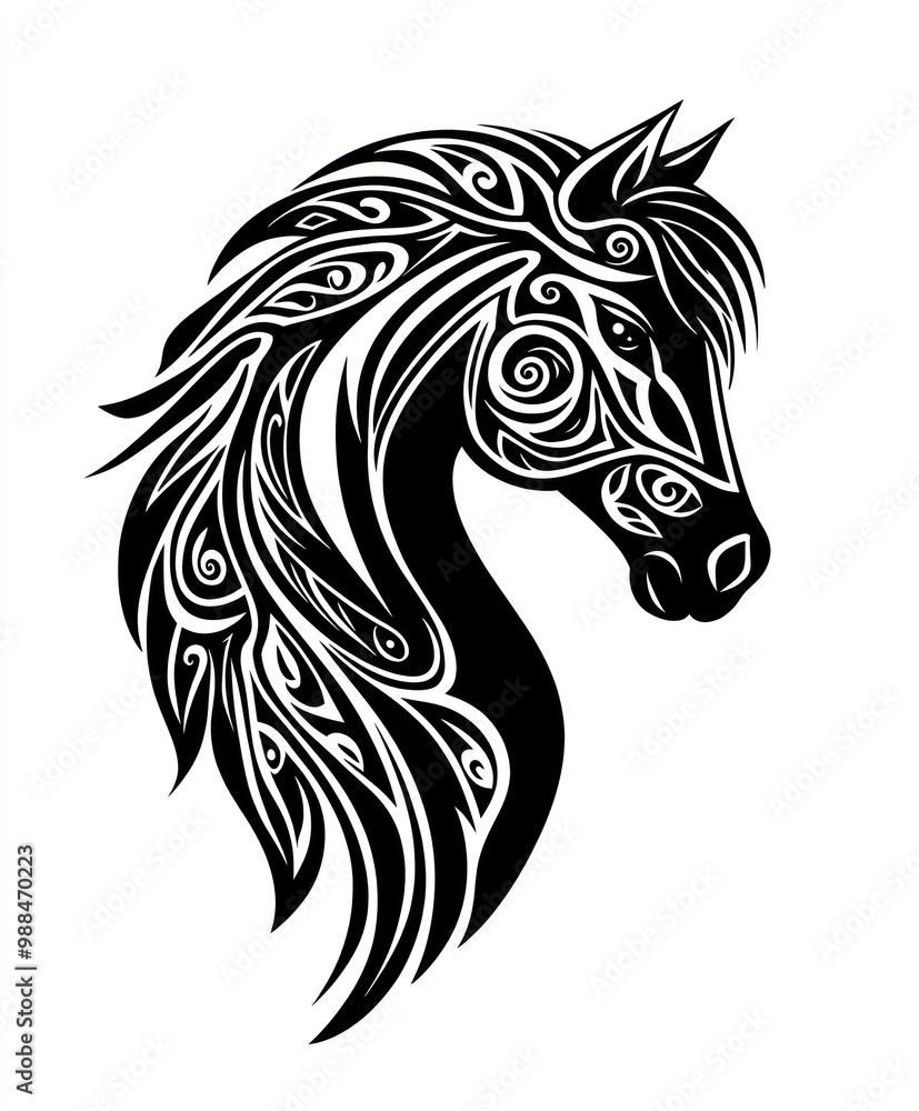 A stylized black and white illustration of a horse's head with intricate patterns. A stylized black and white illustration of a horse's head with intricate patterns.