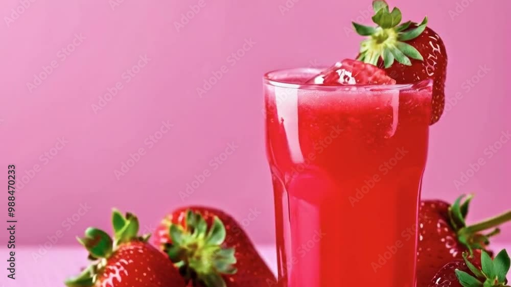 A refreshing strawberry drink in a glass, garnished with fresh strawberries. A refreshing strawberry drink in a glass, garnished with fresh strawberries.