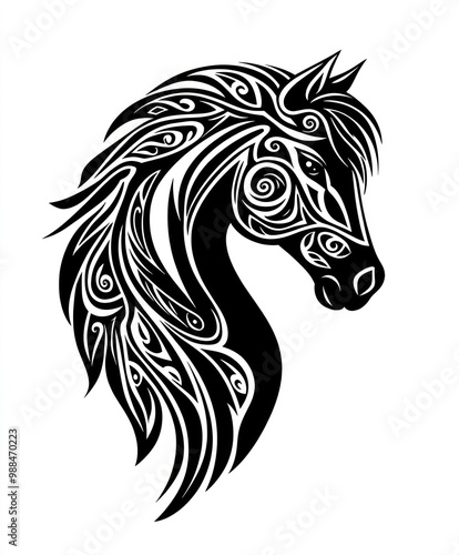 Wallpaper Mural A stylized black and white illustration of a horse's head with intricate patterns. Torontodigital.ca