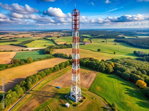 A slender tower supports a cluster of antennas, held fast by cables, standing tall amidst the peaceful countryside,