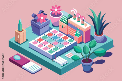 A vibrant isometric illustration features a customizable menstrual calendar alongside plants and decorative accessories on a colorful tiled surface.