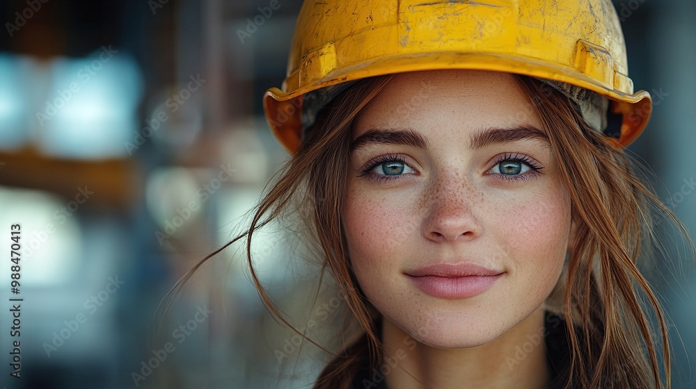 young woman worker with yellow helmet on the construction site young woman worker with yellow helmet on the construction site