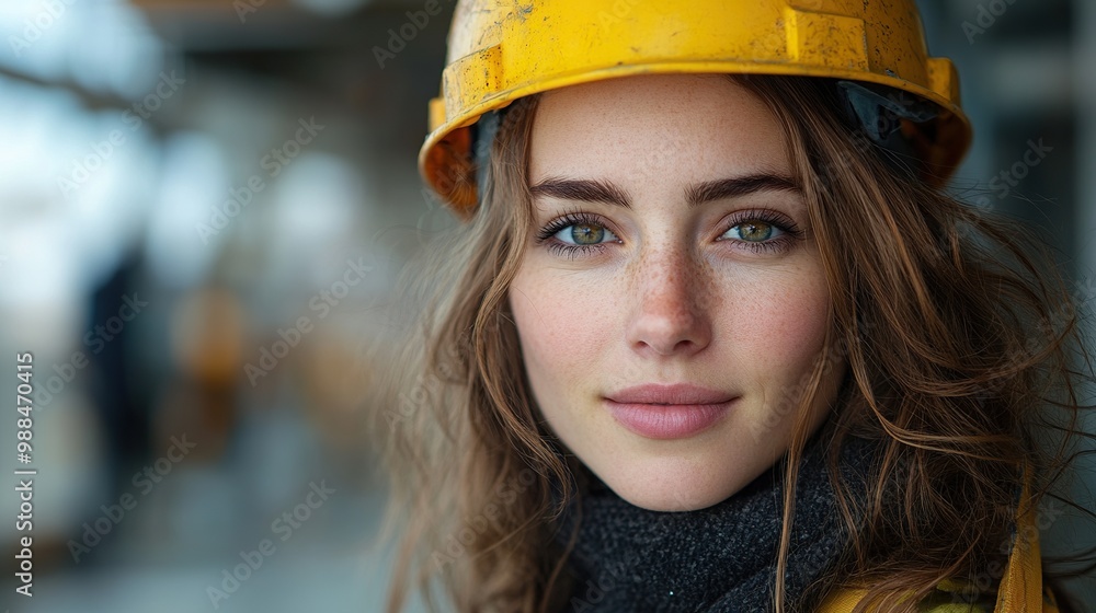 young woman worker with yellow helmet on the construction site young woman worker with yellow helmet on the construction site