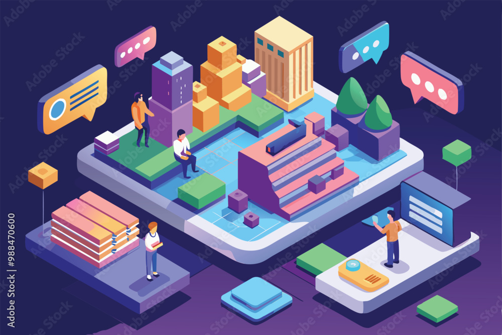 Characters interact in a colorful isometric city, showcasing the joy of customizable messaging within a playful urban environment. Characters interact in a colorful isometric city, showcasing the joy of customizable messaging within a playful urban environment.