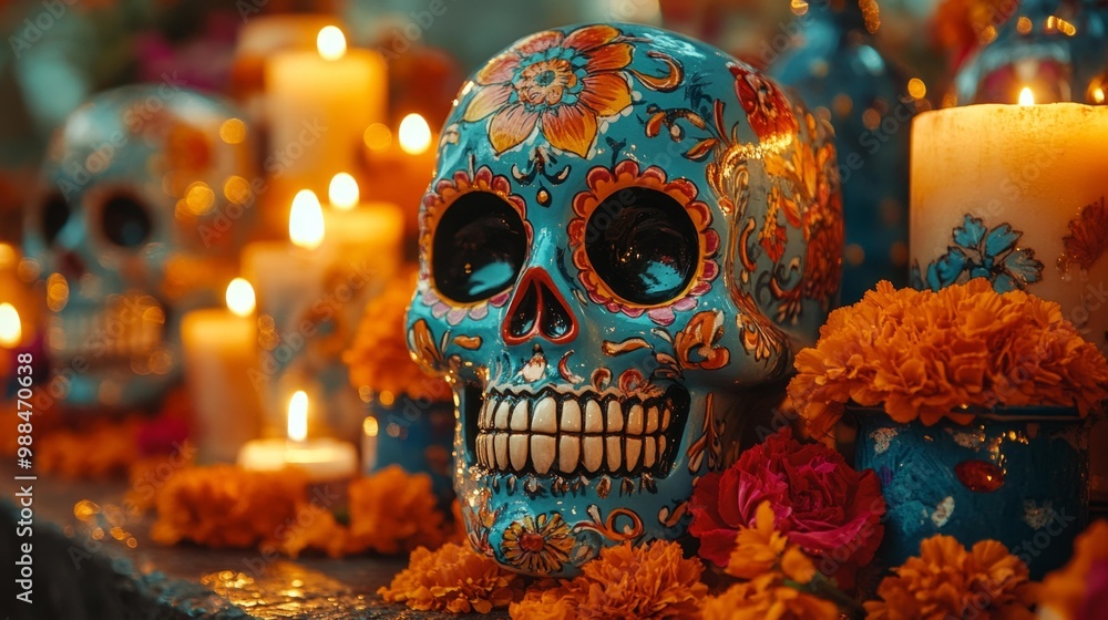 Day of the Dead sugar skull with candles Generative AI Day of the Dead sugar skull with candles Generative AI