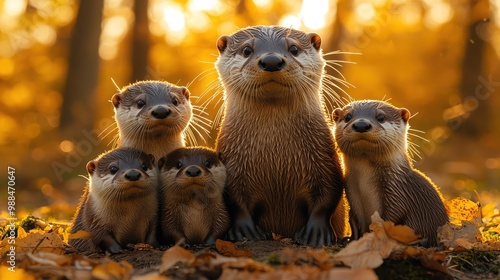 A family of otters standing on alert in a sunlit forest, captured in warm, goldenhour light photo