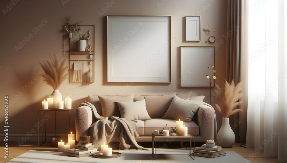 Obraz premium Frame mockup close up in a beige cozy room with candles, 3d render