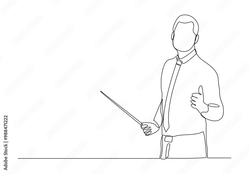 Continuous single line sketch drawing of standing businessman doing presentation pointing with stick explain something. One line art vector illustration Continuous single line sketch drawing of standing businessman doing presentation pointing with stick explain something. One line art vector illustration