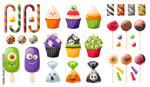Traditional halloween sweets and cupcakes. Spooky candies and snacks, scary decorated muffins, ghosts, skulls and eyes, marmalade and marshmallow, confectionery splendid vector isolated set