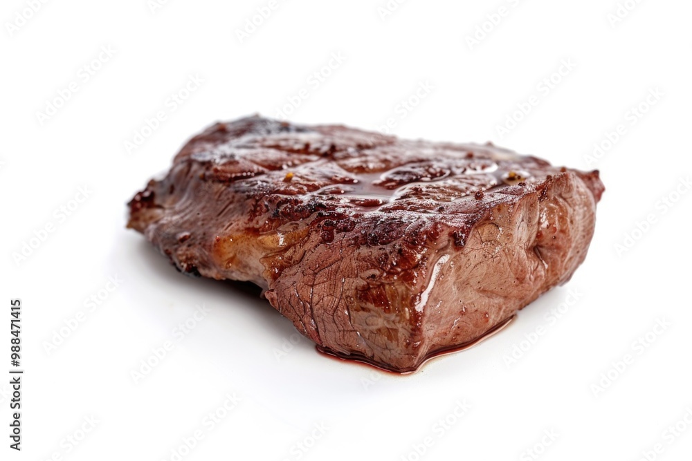 A juicy piece of steak sizzles on a clean white surface, ready for cooking or presentation A juicy piece of steak sizzles on a clean white surface, ready for cooking or presentation