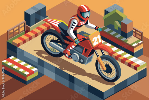 A motocross rider navigates a creatively designed track, showcasing vibrant colors and elements of a thrilling biking adventure.