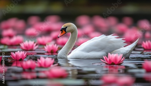 Fototapeta Naklejka Na Ścianę i Meble -  Elegant swan gliding among pink water lilies on a serene, reflective pond