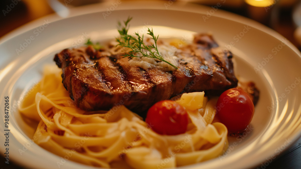 Pasta with florentine steak in white plate at the restaurant Pasta with florentine steak in white plate at the restaurant