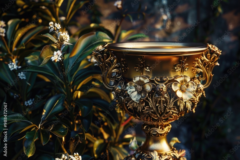 A golden vase perched atop a verdant bush, perfect for decorative or creative uses