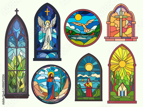 Stained glass. Church mosaic frames, colorful pointed, round and arched windows, vintage architecture elements, biblical mosaic motifs, catholic gothic architecture, vector isolated set