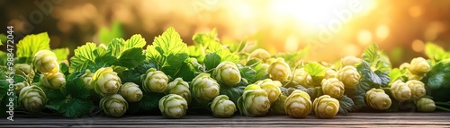 Fresh hops in sunlight on a wooden table with a warm golden glow photo