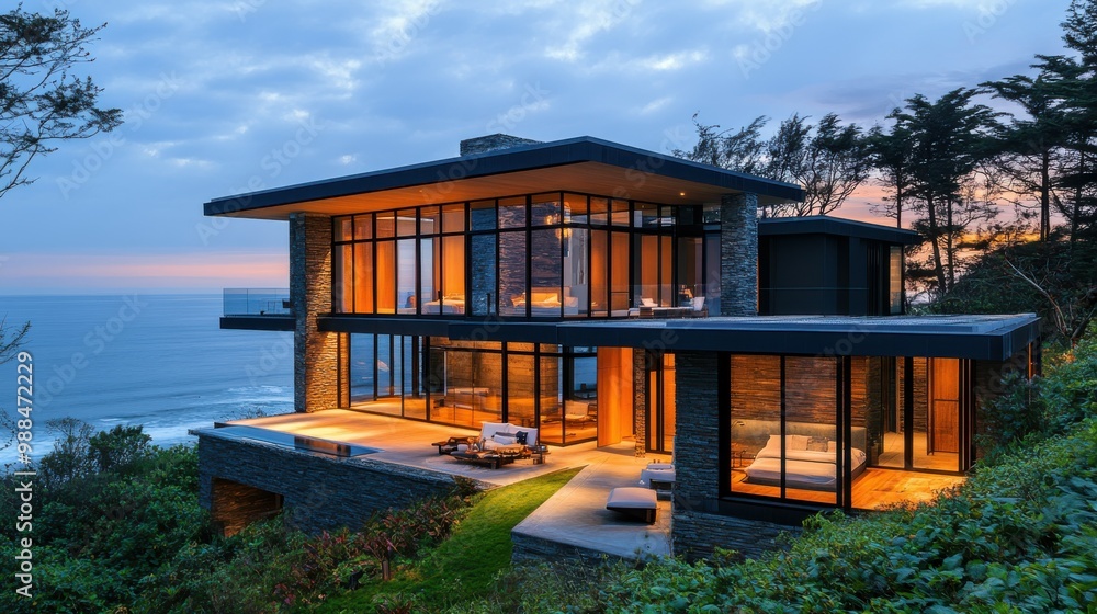 A photo of a luxury oceanfront home at dusk, with warm interior lighting glowing through the expansive glass windows. The house modern lines and beachfront location create a striking contrast with