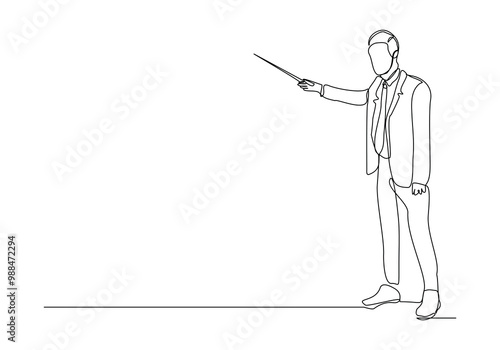 Continuous single line sketch drawing of standing businessman doing presentation pointing with stick explain something. One line art vector illustration