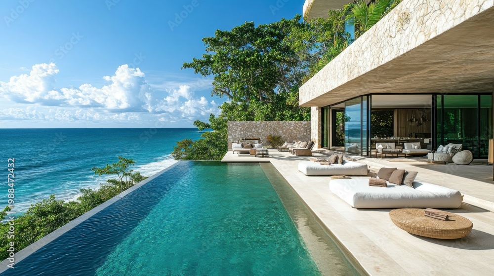 Fototapeta premium A detailed shot of a beachfront property with a large outdoor terrace, comfortable seating areas, and a private infinity pool that overlooks the ocean. The modern, open design blends seamlessly with