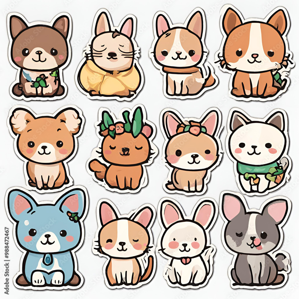 A set of cute animal characters featuring dogs, cats, bunnies, and more in a playful cartoon style. Perfect for kids' designs, stickers, and decorations, each character has a sweet and friendly expres