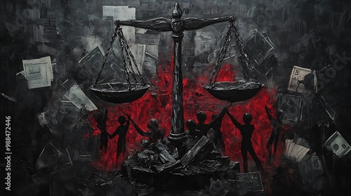 A black and white scale of justice stands against a fiery background, symbolizing the fight for equality and justice in the face of injustice and greed.