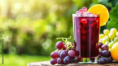 A refreshing drink with grapes and ice, set against a blurred green background.