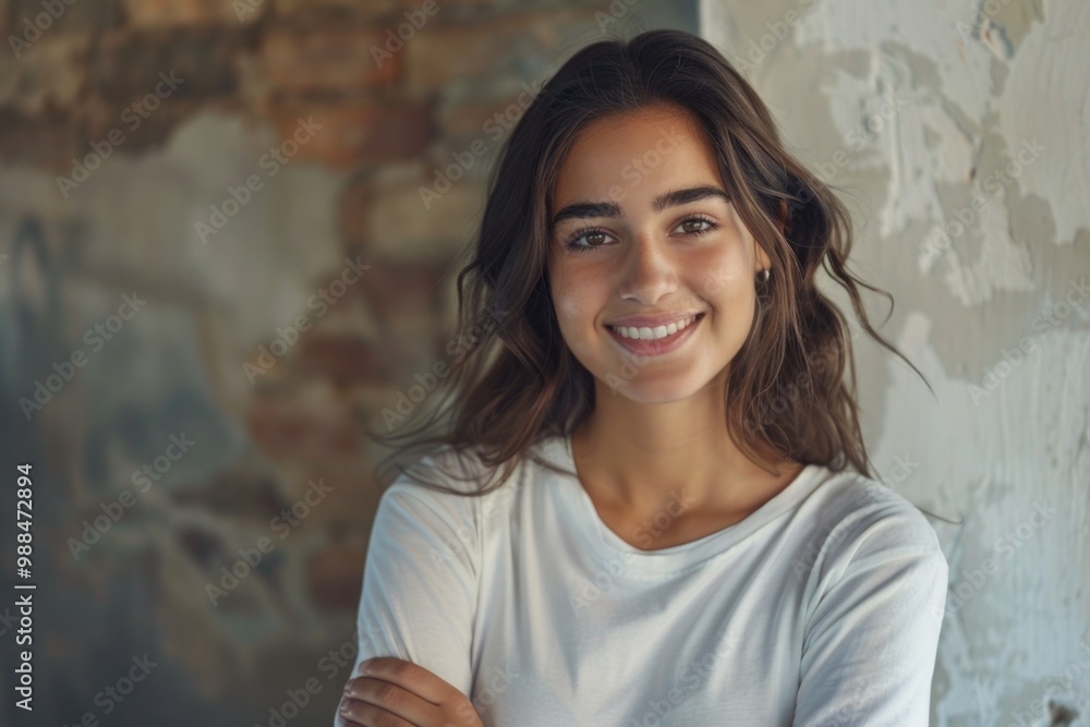 A young woman stands in front of a wall, looking determined or focused A young woman stands in front of a wall, looking determined or focused