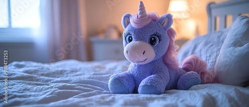 Plush purple unicorn in a cozy nursery, soft natural light, pastel tones, serene and comforting photo