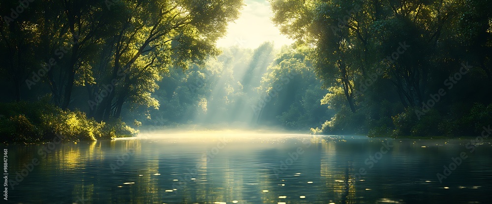 Sunbeams through trees illuminate a river in the early morning mist. Sunbeams through trees illuminate a river in the early morning mist.