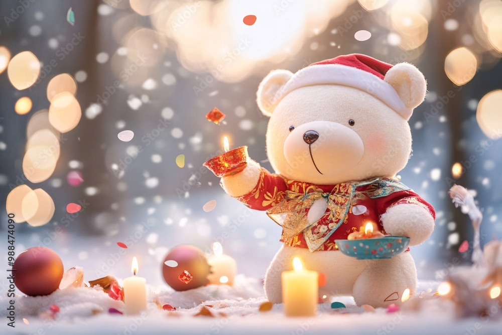 Festive Bear in Lunar New Year Costume with Candles Festive Bear in Lunar New Year Costume with Candles