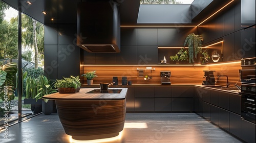 A futuristic kitchen dream design apartment set in the near future, stylistic furniture, dark wooden elements, electronic devices, home plant.