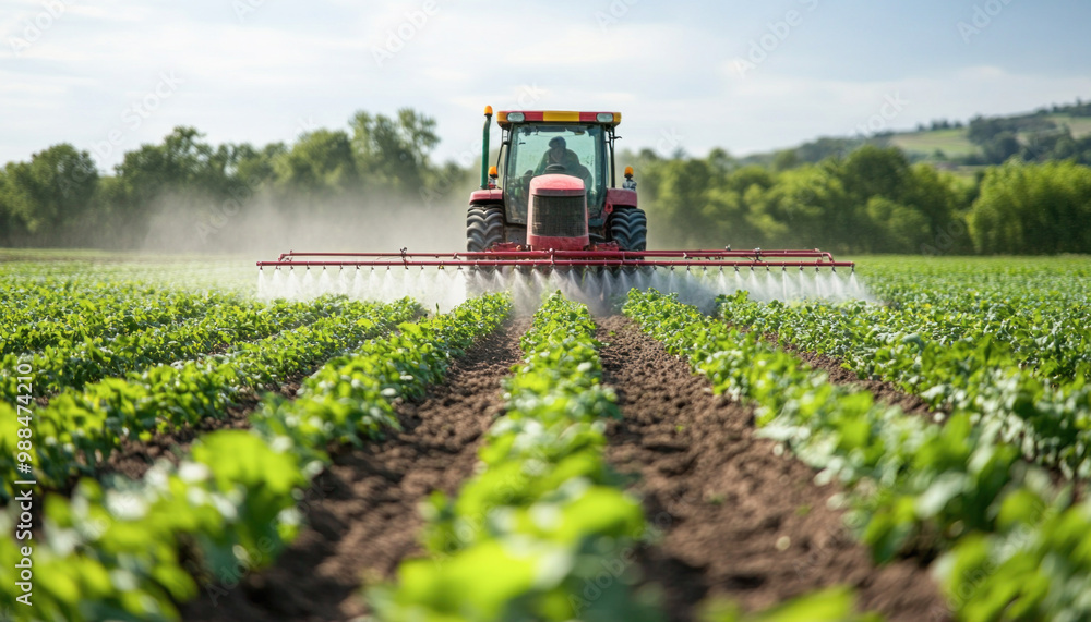 Tractor spraying pesticides on soybean field with farmer driving Tractor spraying pesticides on soybean field with farmer driving
