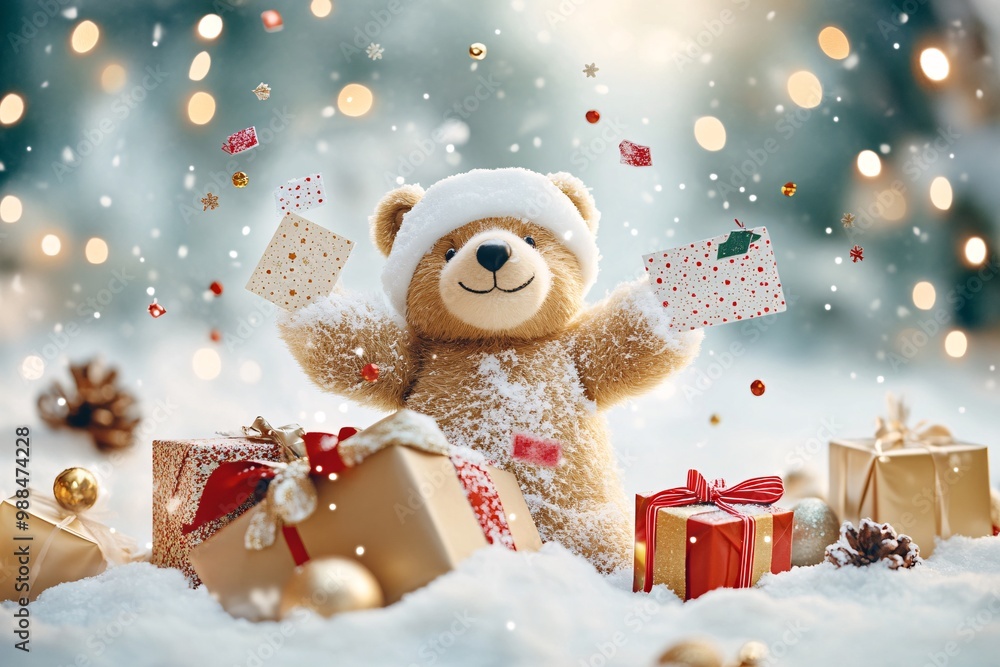 Bear in Snowy Forest with Christmas Gifts Bear in Snowy Forest with Christmas Gifts