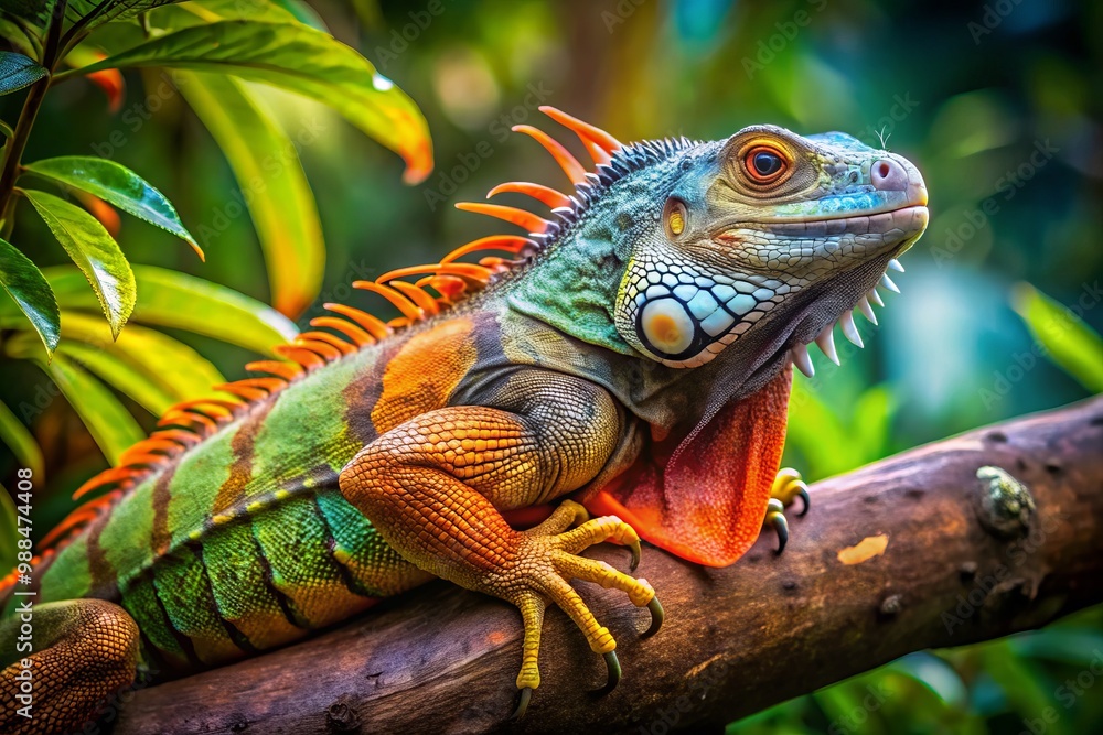 Fototapeta premium * A technicolor iguana, fully grown and radiant, claims its spot on a sturdy branch, basking in the