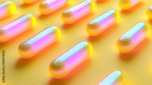 Iridescent capsules on a minimalist Yellow background, emitting soft rainbow hues, with subtle light play creating a magical and futuristic ambiance