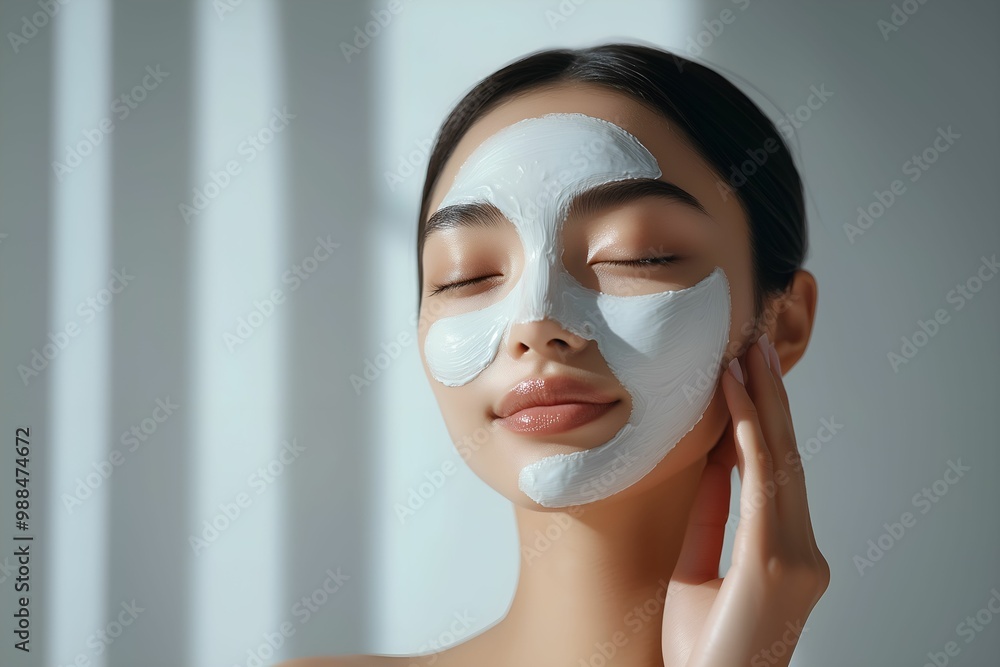 A young woman finds serenity in her skincare routine, her face adorned with a rejuvenating facial mask. enjoying beauty treatments A young woman finds serenity in her skincare routine, her face adorned with a rejuvenating facial mask. enjoying beauty treatments