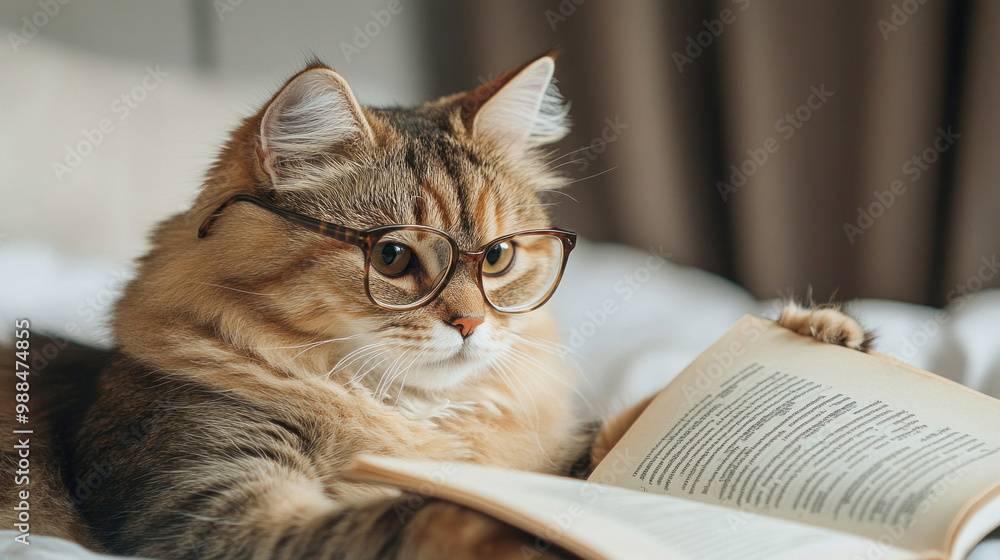 Ginger cat wearing glasses relaxing with book on sofa Ginger cat wearing glasses relaxing with book on sofa