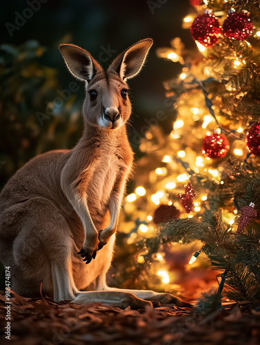 Kangaroo rests beside a beautifully decorated Christmas tree, radiating holiday cheer and adding a whimsical touch to the scene photo