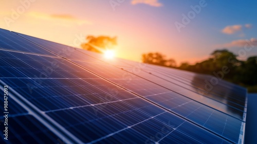 solar panels on blue sky and sun