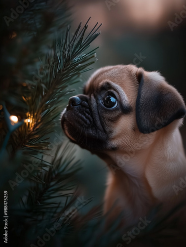 Pugalier cute dog next to a Christmas tree photo