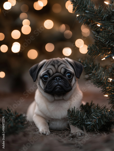 Pugalier cute dog next to a Christmas tree photo